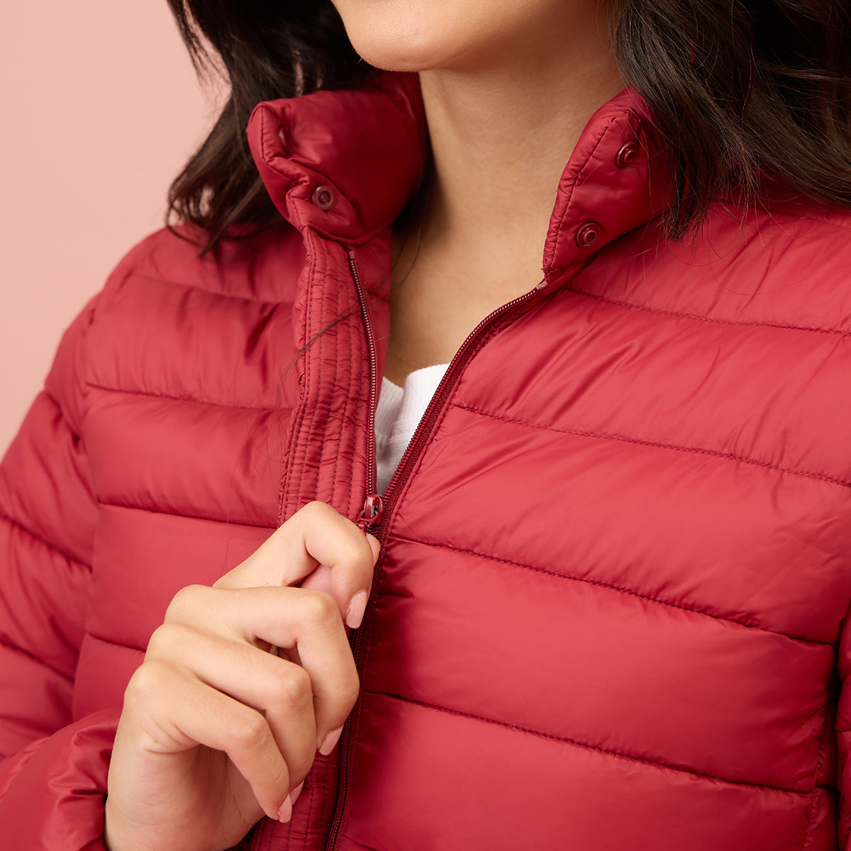 NYKD By Nykaa Ultra Light Weight Puffer Jacket with Inbuilt Bag (Set of 2)-NYAT405-Red