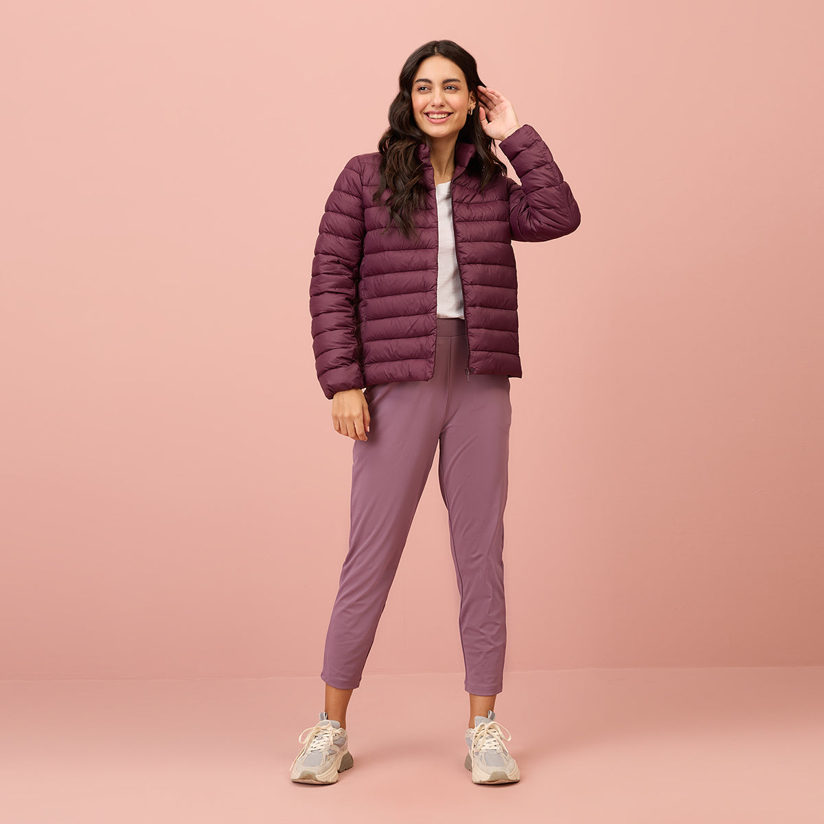 NYKD By Nykaa Ultra Light Weight Puffer Jacket with Inbuilt Bag (Set of 2)-NYAT405-Wine