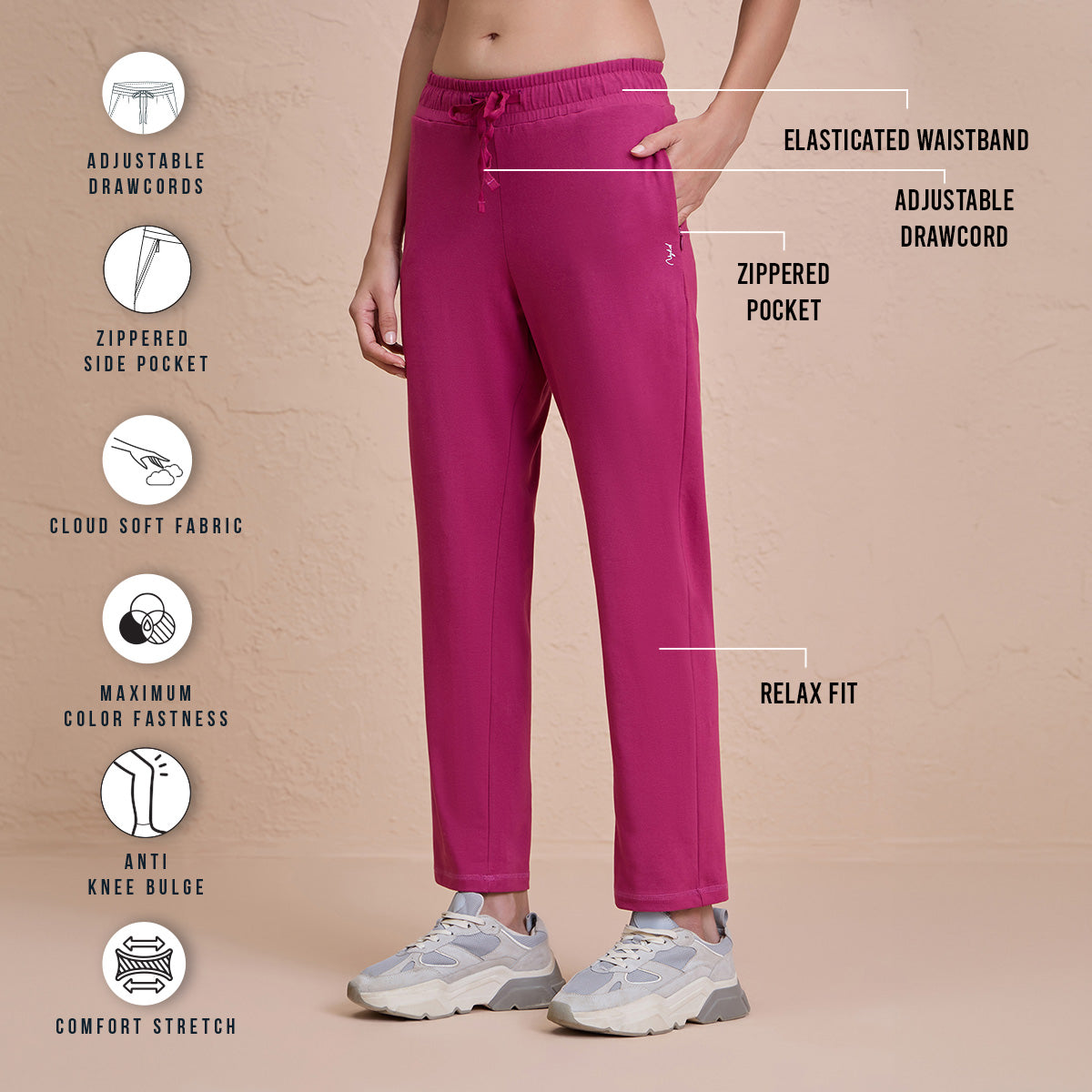 Cotton Travel Pants in Relaxed Fit, Super Comfy with Zip Pockets - NYAT502-M Grape