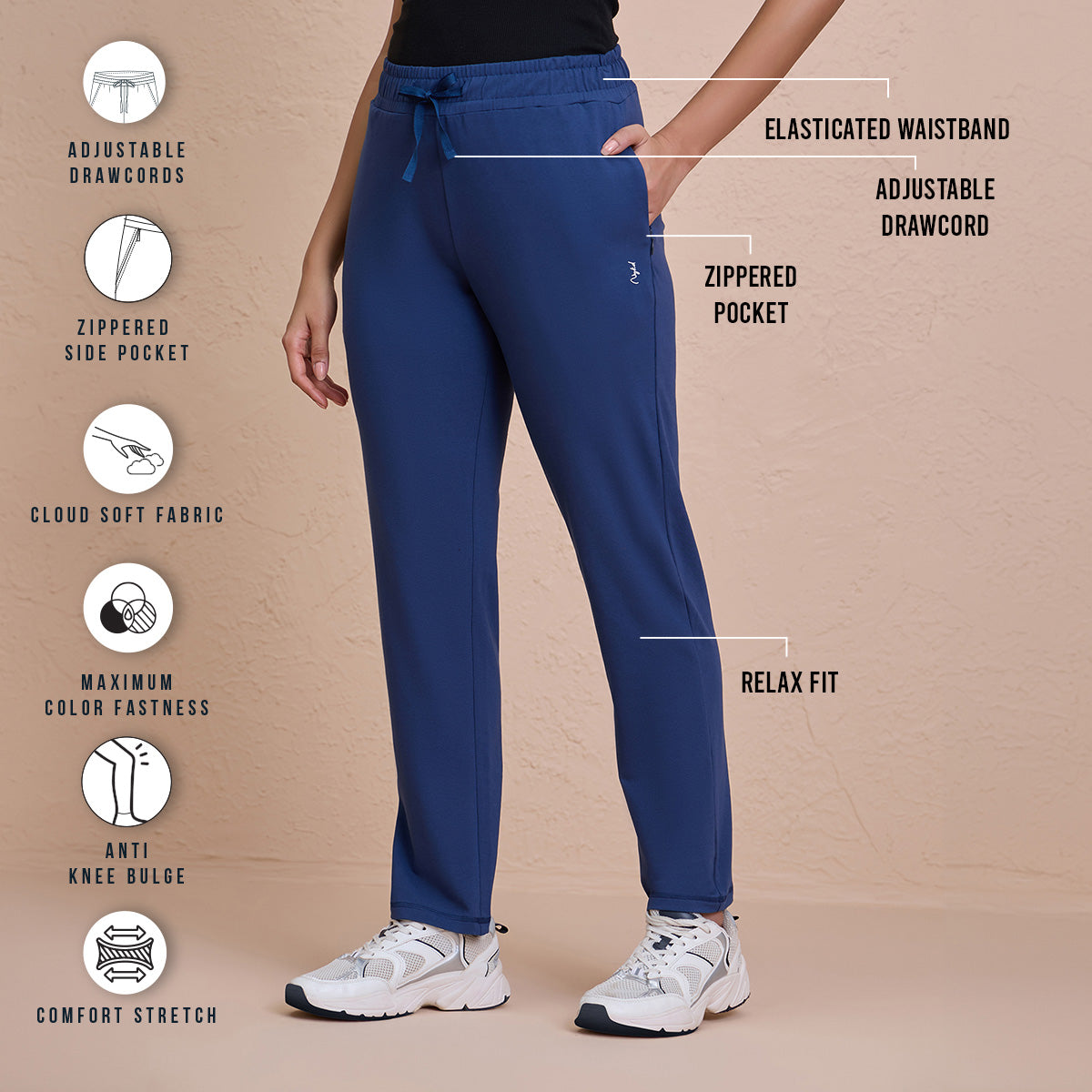 Cotton Travel Pants in Relaxed Fit, Super Comfy with Zip Pockets - NYAT502-M Blue