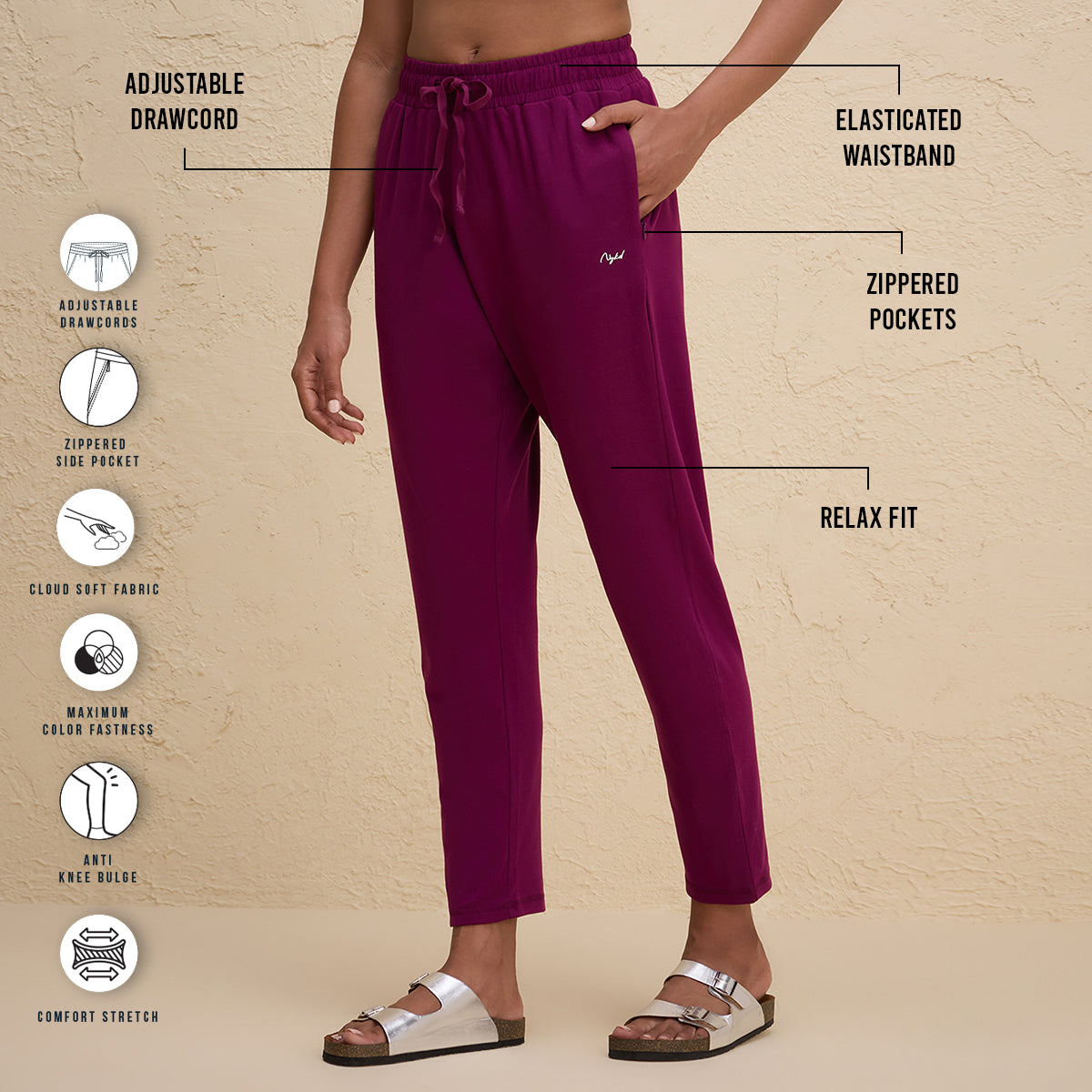 Nykd By Nykaa Relaxed Fit Super Comfy Cotton Travel Pant with Zip Pockets-NYAT502-Wine