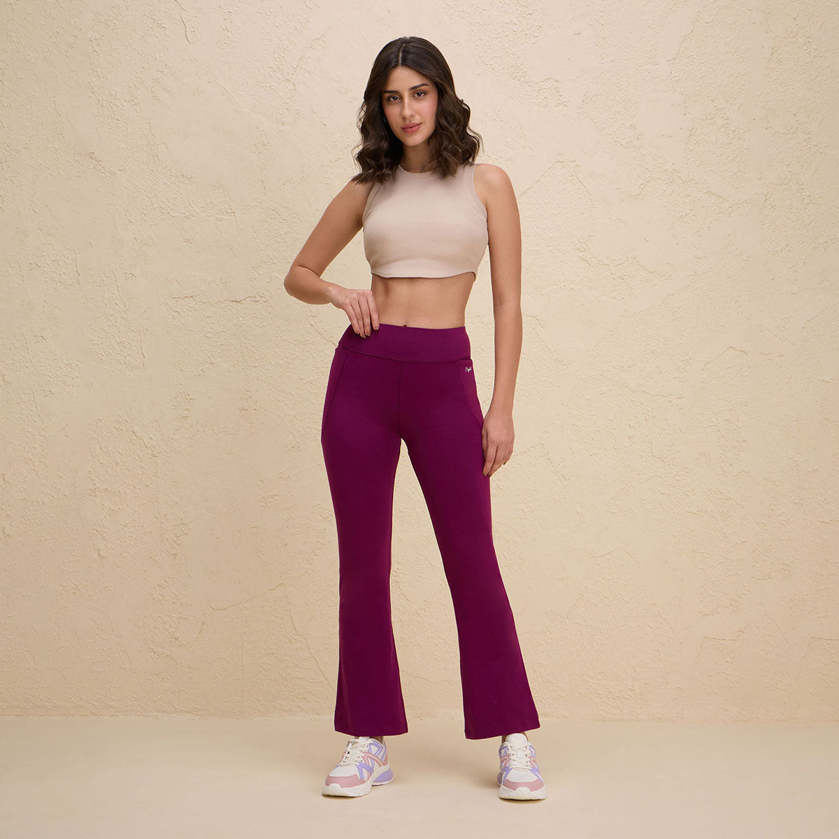 Nykd By Nykaa Iconic Super Comfy Cotton Flare Leggings with Pockets-NYAT503-Wine
