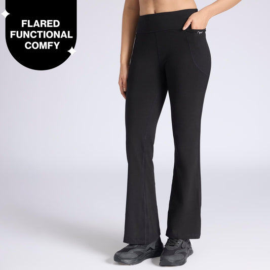 Ultimate Cotton Flare Leggings with Anti-Slip Waist & Pockets NYAT503 Jet Black