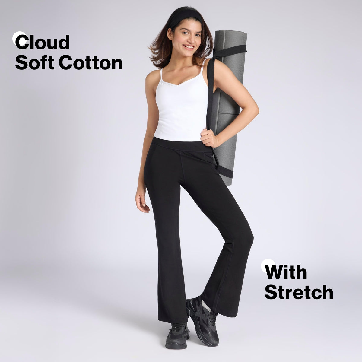 Ultimate Cotton Flare Leggings with Anti-Slip Waist & Pockets NYAT503 Jet Black