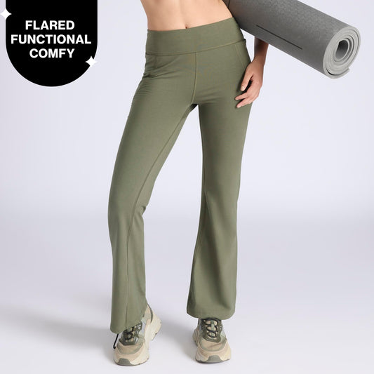 Ultimate Comfort Cotton Stretch Flare Leggings with Anti Slip Waist & Pockets NYAT503 Olive