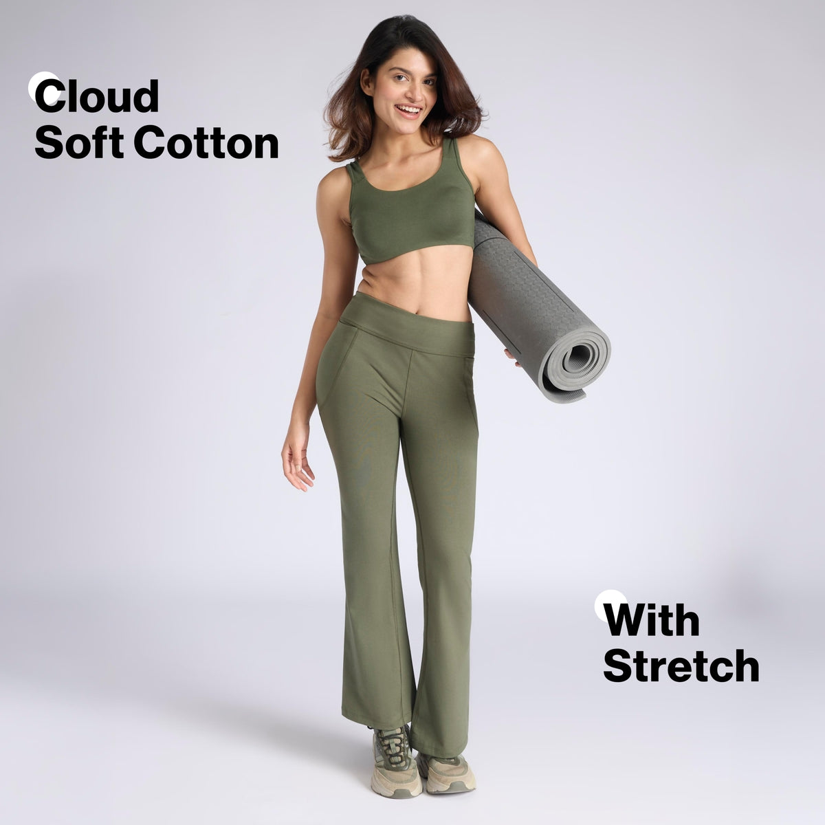 Ultimate Comfort Cotton Stretch Flare Leggings with Anti Slip Waist & Pockets NYAT503 Olive