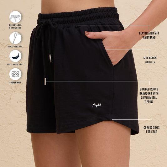 Nykd By Nykaa Summer Essential Peppy All Day Comfort Cotton Terry Shorts-NYAT504-Jet Black