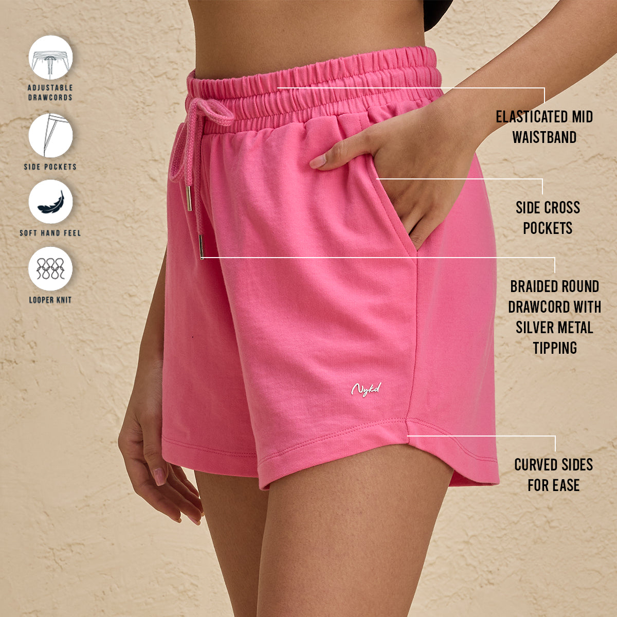 Nykd By Nykaa Summer Essential Cotton Relaxed Fit Shorts with Pockets-NYAT504-Pink