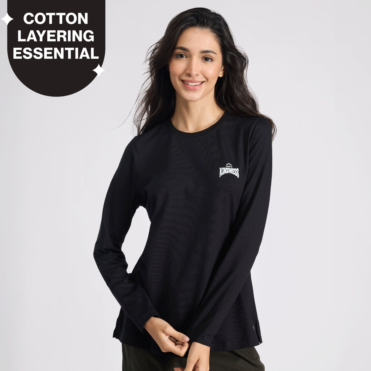 Cotton Full Sleeve Tee with Relaxed Fit for Yoga, Travel & Everyday NYAT517 Jet Black