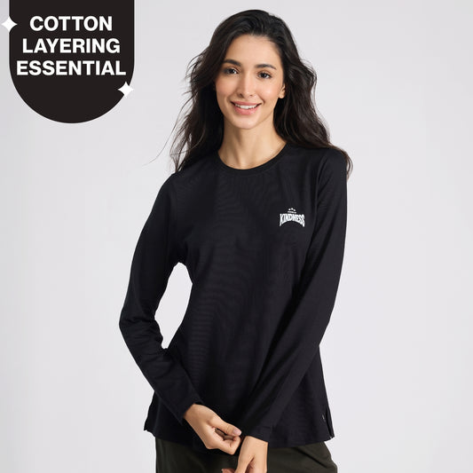 Cotton Full Sleeve Tee with Relaxed Fit for Yoga, Travel & Everyday NYAT517 Jet Black