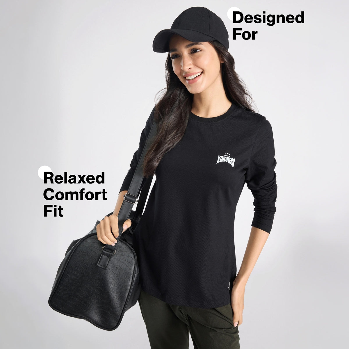 Cotton Full Sleeve Tee with Relaxed Fit for Yoga, Travel & Everyday NYAT517 Jet Black