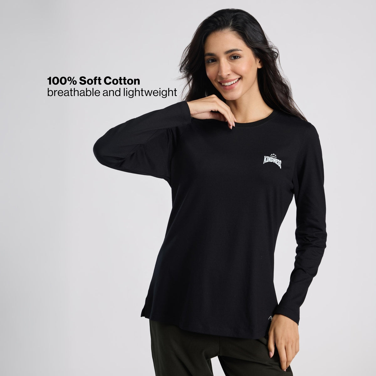 Cotton Full Sleeve Tee with Relaxed Fit for Yoga, Travel & Everyday NYAT517 Jet Black