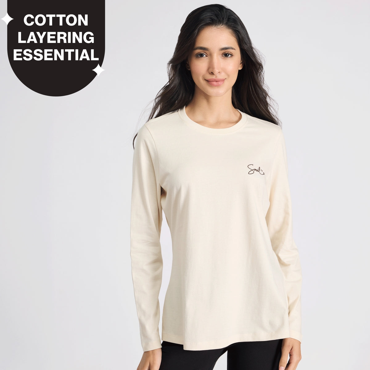 Cotton Full Sleeve Tee with Relaxed Fit for Yoga, Travel & Everyday NYAT517 Almond