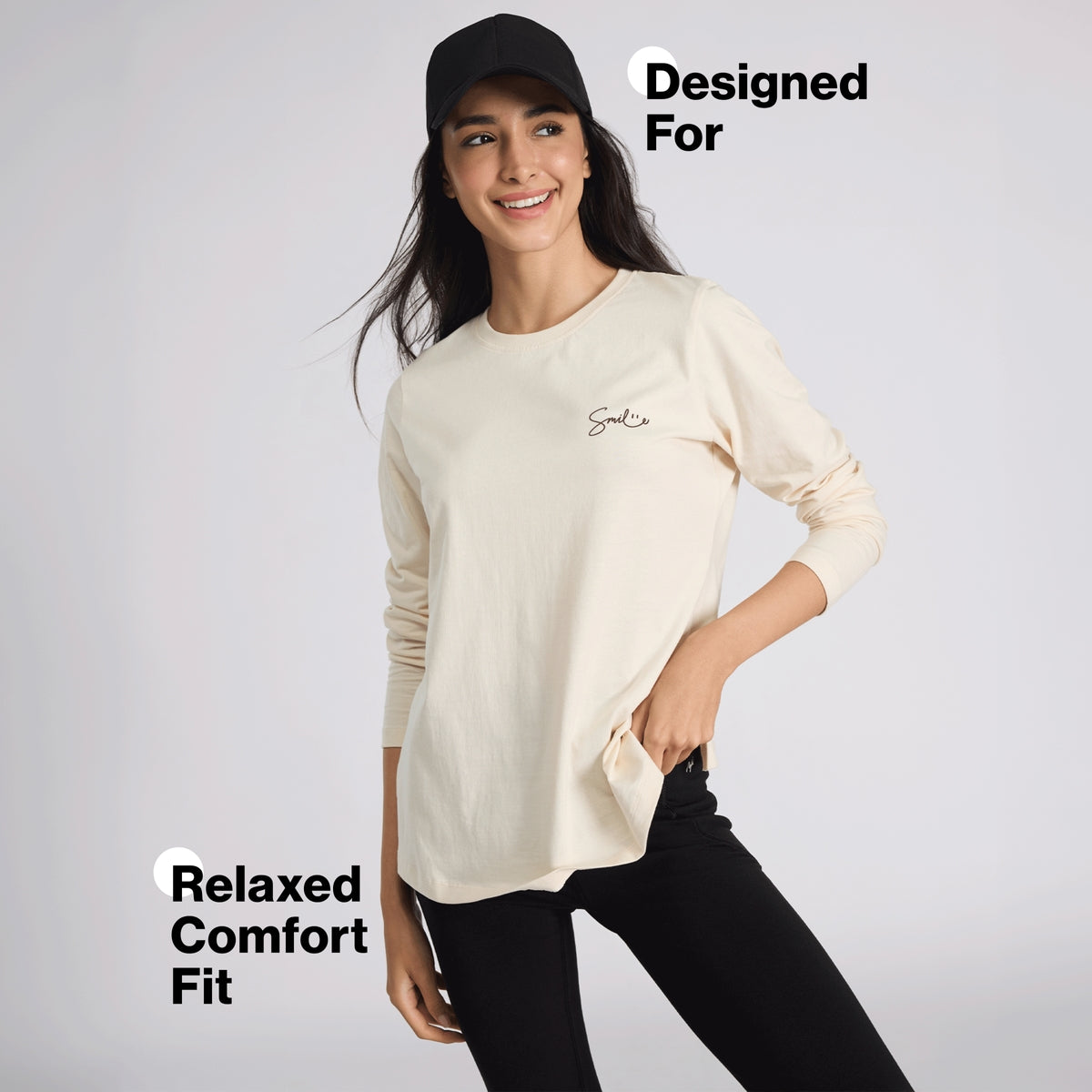 Cotton Full Sleeve Tee with Relaxed Fit for Yoga, Travel & Everyday NYAT517 Almond
