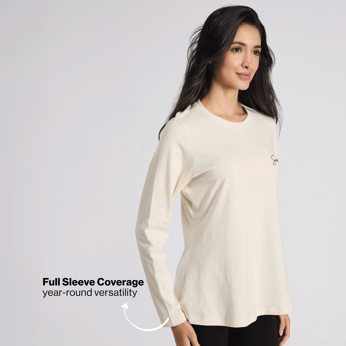 Cotton Full Sleeve Tee with Relaxed Fit for Yoga, Travel & Everyday NYAT517 Almond