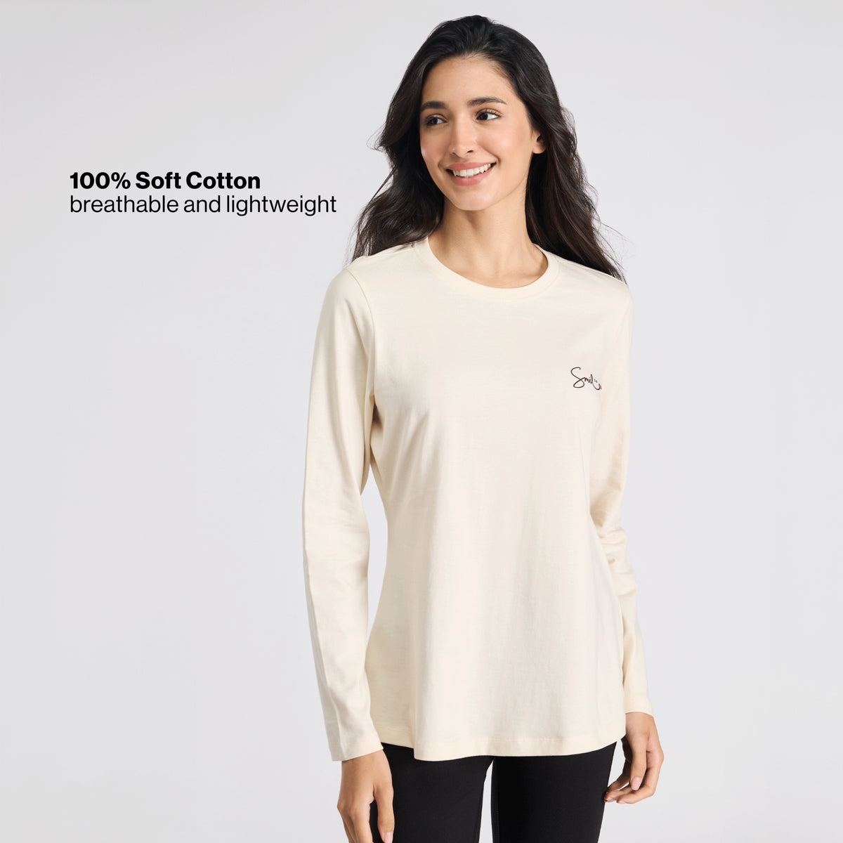 Cotton Full Sleeve Tee with Relaxed Fit for Yoga, Travel & Everyday NYAT517 Almond