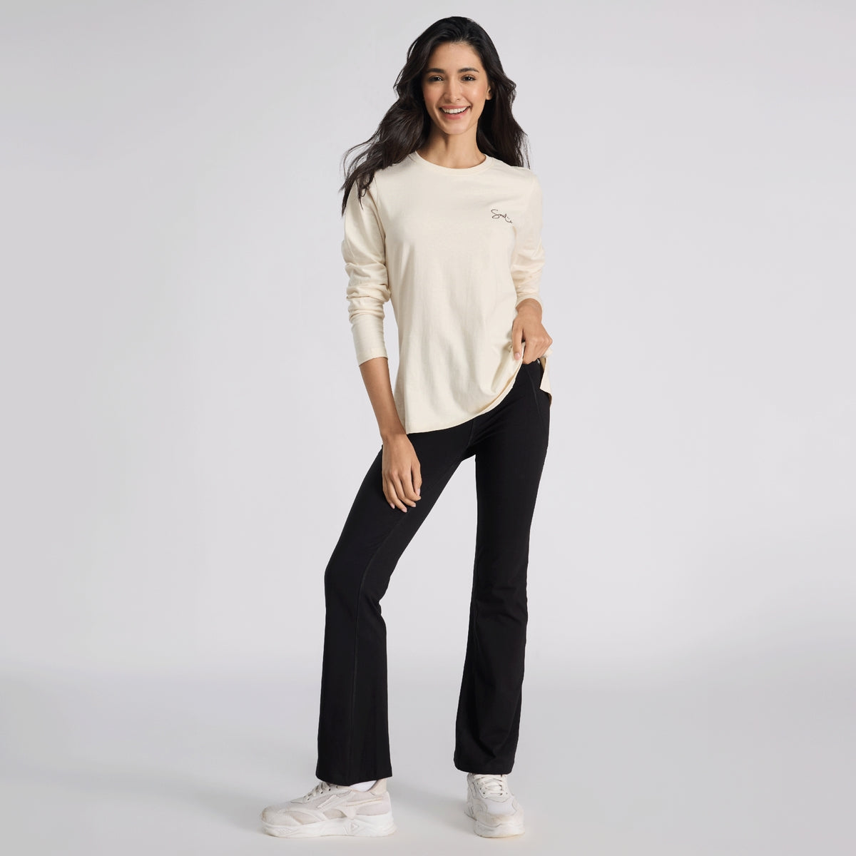 Cotton Full Sleeve Tee with Relaxed Fit for Yoga, Travel & Everyday NYAT517 Almond