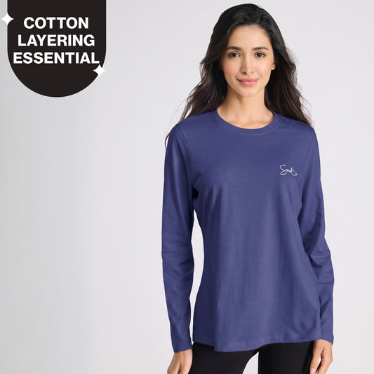 Cotton Full Sleeve Tee with Relaxed Fit for Yoga, Travel & Everyday NYAT517 Navy