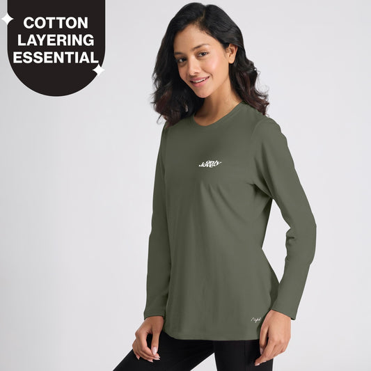 Cotton Full Sleeve Tee with Relaxed Fit for Yoga, Travel & Everyday NYAT517 Olive