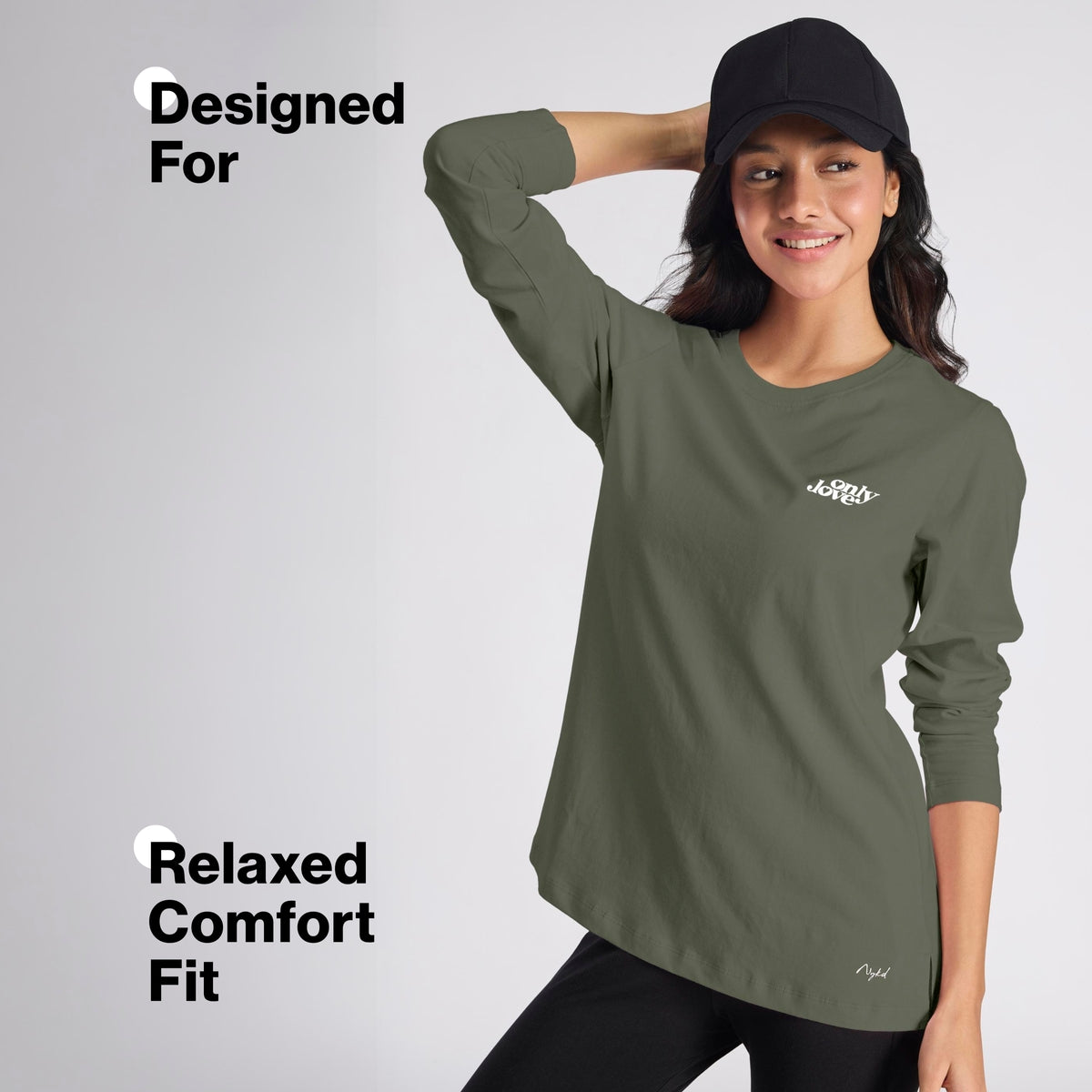 Cotton Full Sleeve Tee with Relaxed Fit for Yoga, Travel & Everyday NYAT517 Olive