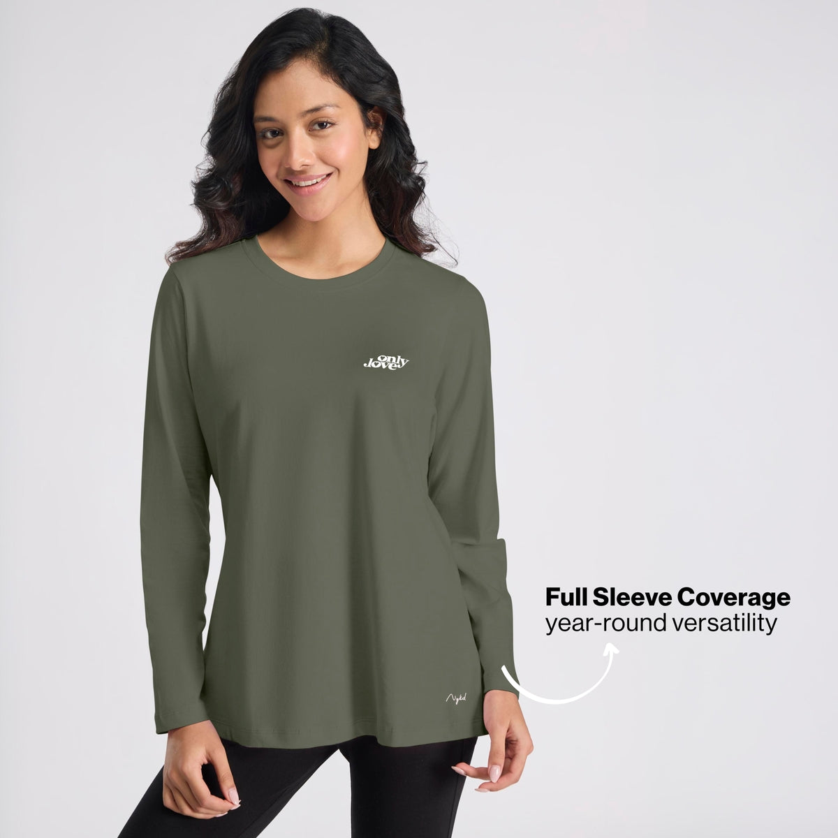 Cotton Full Sleeve Tee with Relaxed Fit for Yoga, Travel & Everyday NYAT517 Olive