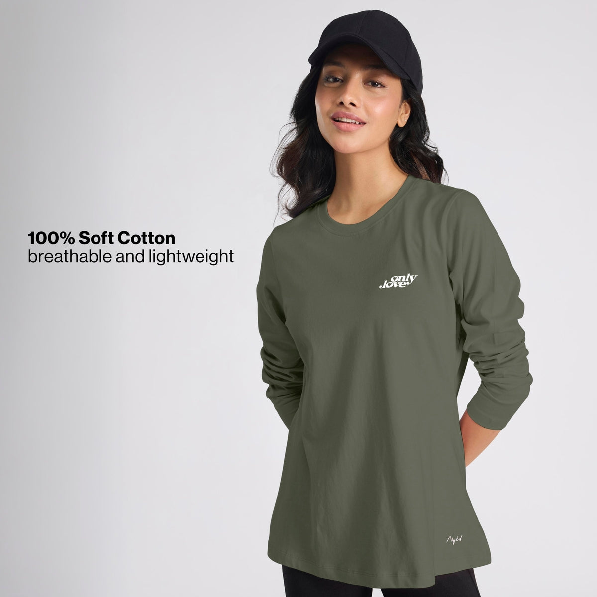 Cotton Full Sleeve Tee with Relaxed Fit for Yoga, Travel & Everyday NYAT517 Olive