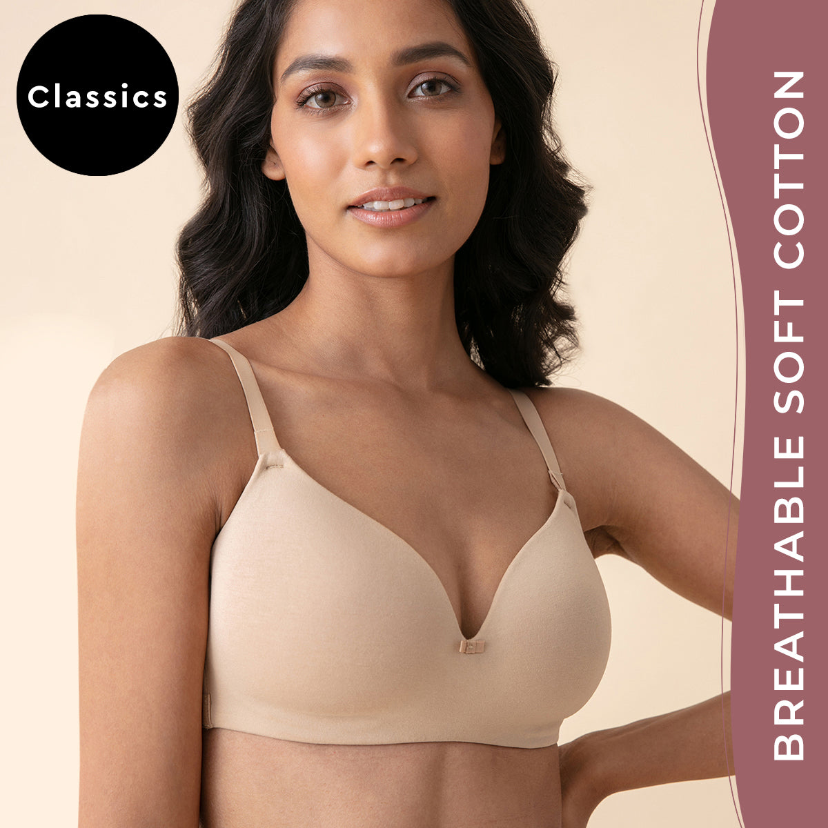 Breathe Cotton Padded wireless T-shirt bra 3/4th coverage-NYB002-Beige