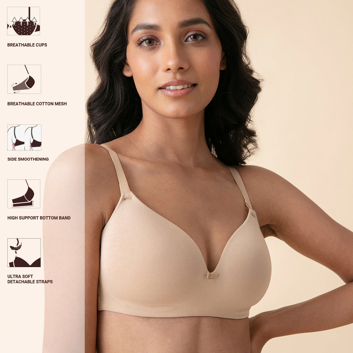 Breathe Cotton Padded wireless T-shirt bra 3/4th coverage-NYB002-Beige