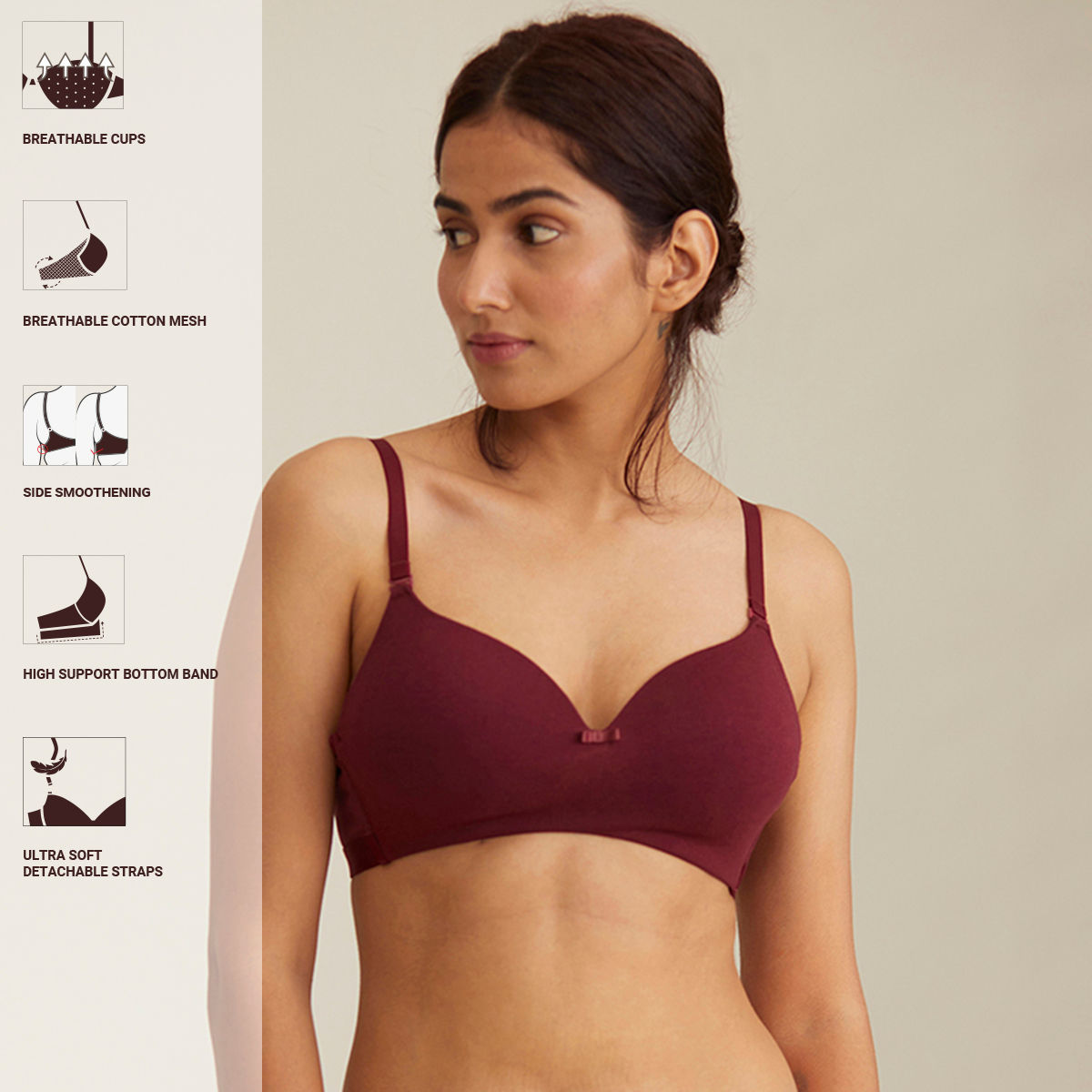 Breathe Cotton Padded wireless T-shirt bra 3/4th coverage-NYB002-Maroon