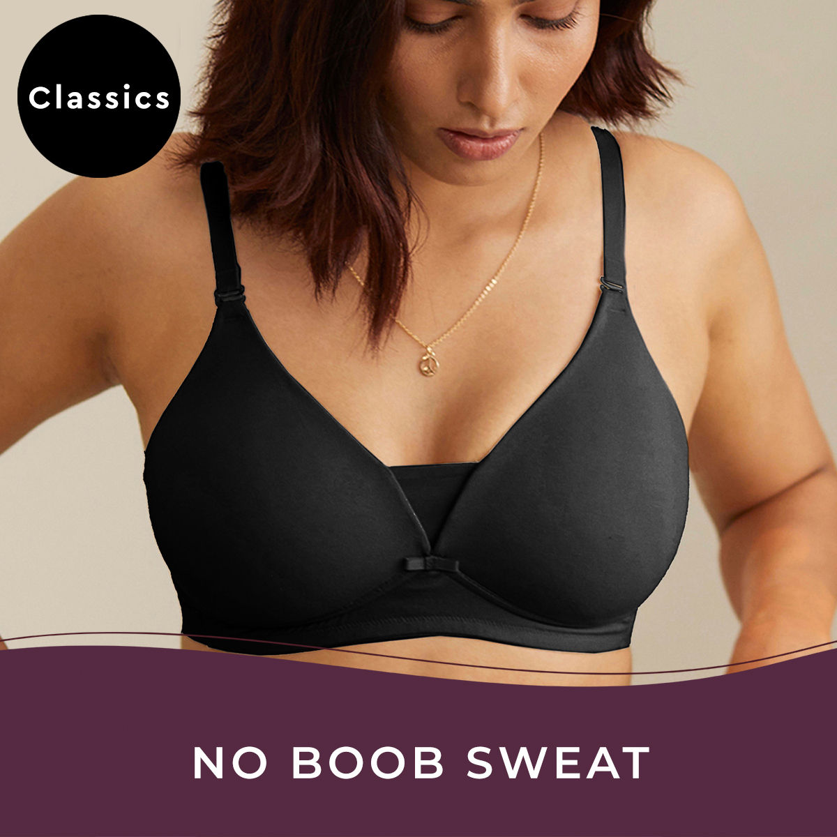 Breathe Cotton Padded wireless Triangle T-shirt bra 3/4th coverage-NYB003-Black