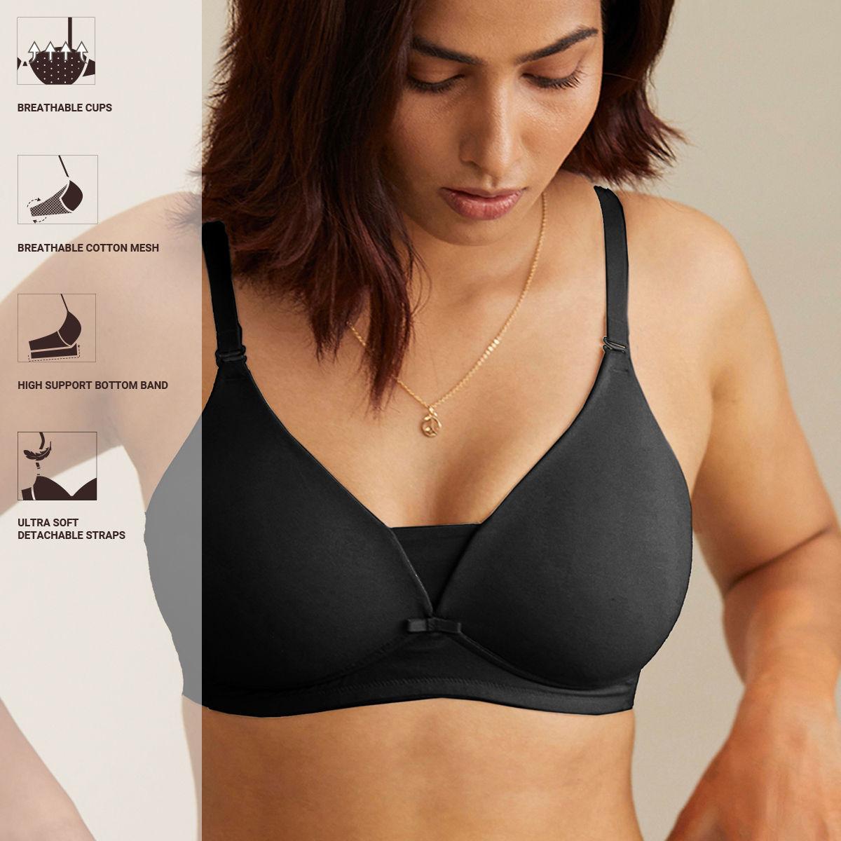 Breathe Cotton Padded wireless Triangle T-shirt bra 3/4th coverage-NYB003-Black