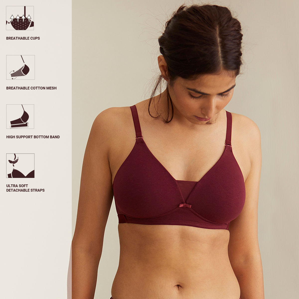 Breathe Cotton Padded wireless Triangle T-shirt bra 3/4th coverage-NYB003-Maroon