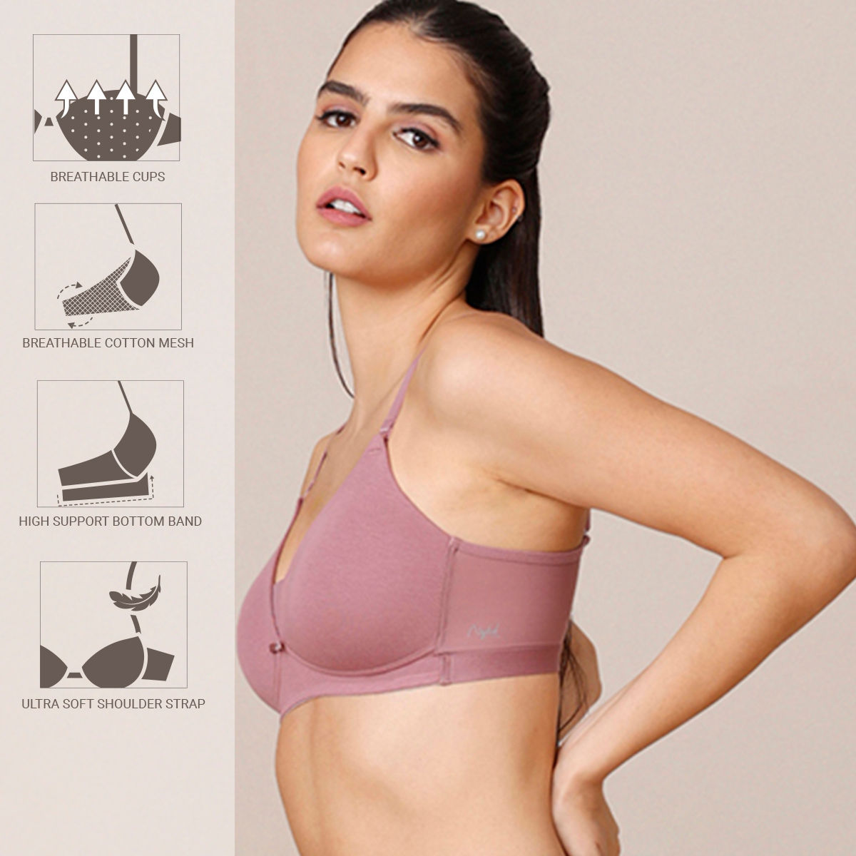 Breathe Cotton Padded wireless Triangle T-shirt bra 3/4th coverage-NYB003-Wistful Mauve