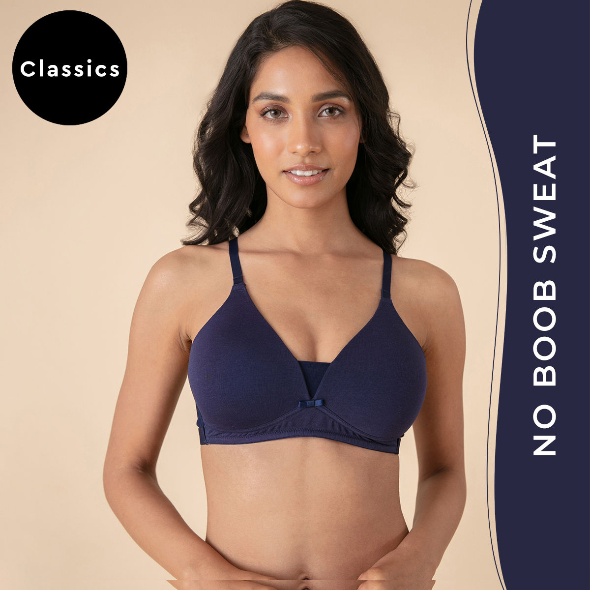 Breathe Cotton Padded wireless Triangle T-shirt bra 3/4th coverage-NYB003-Navy