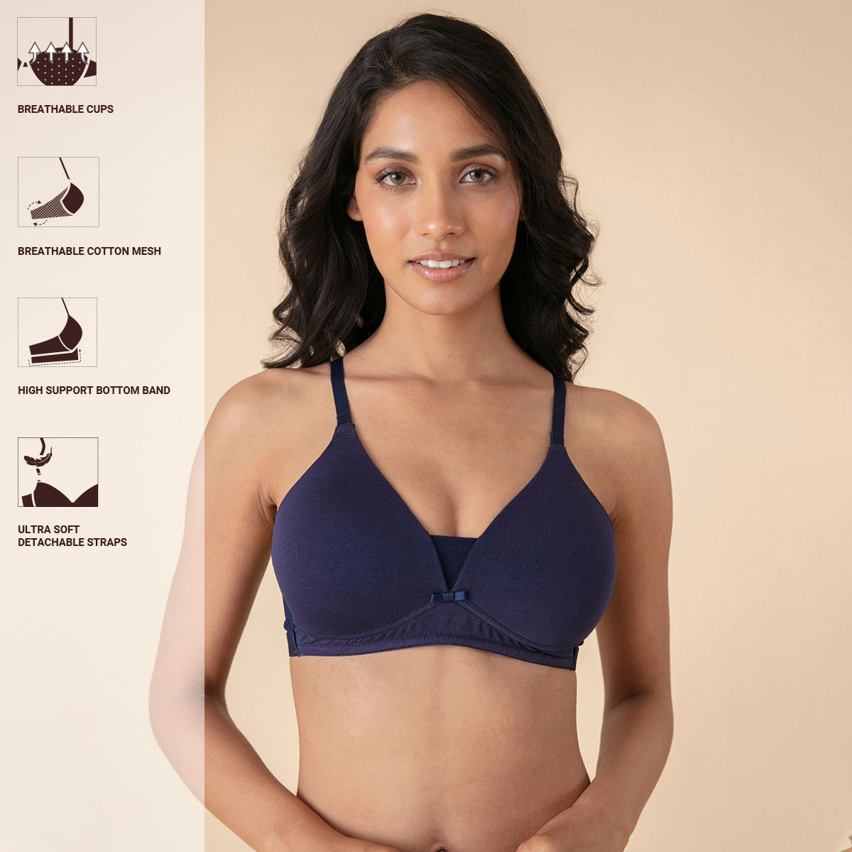 Breathe Cotton Padded wireless Triangle T-shirt bra 3/4th coverage-NYB003-Navy