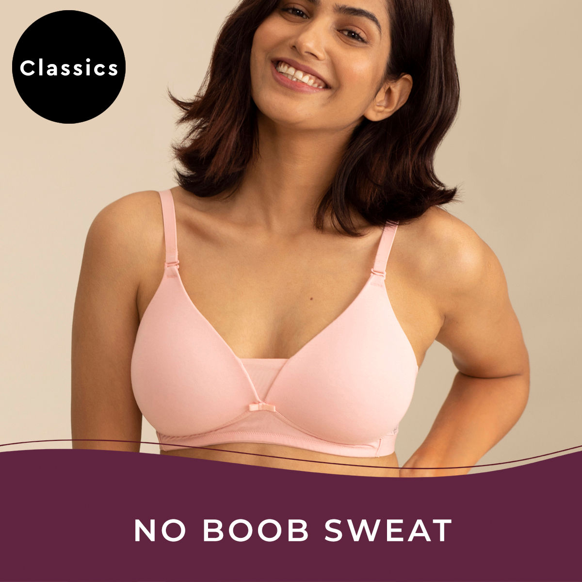 Breathe Cotton Padded wireless Triangle T-shirt bra 3/4th coverage-NYB003-Pink