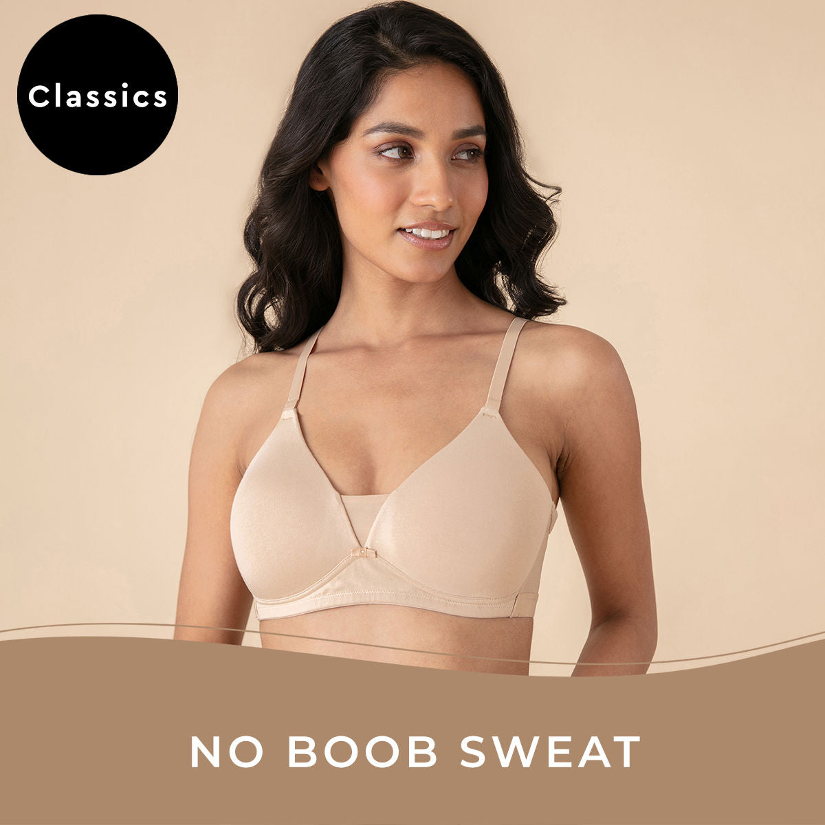 Breathe Cotton Padded wireless Triangle T-shirt bra 3/4th coverage-NYB003-Beige