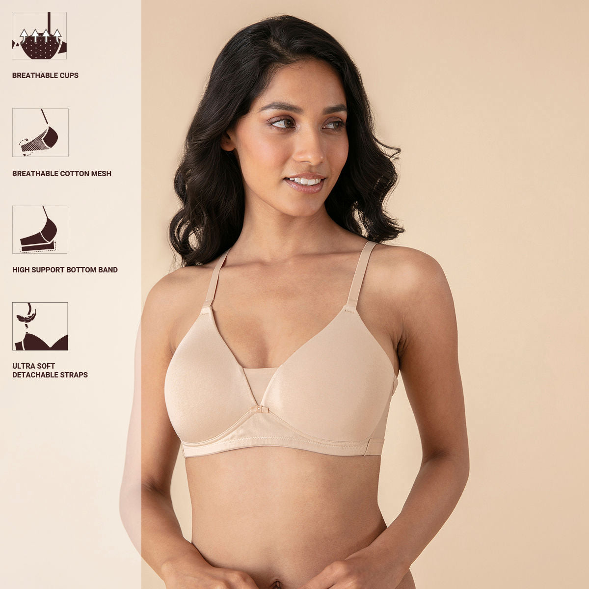 Breathe Cotton Padded wireless Triangle T-shirt bra 3/4th coverage-NYB003-Beige