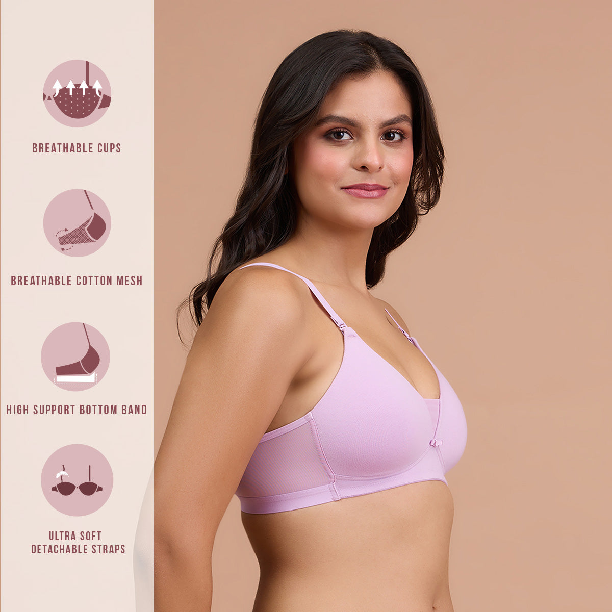 Nykd by Nykaa Breathe Cotton Padded Wireless Triangle T-Shirt Bra 3/4th Coverage NYB003-Purple