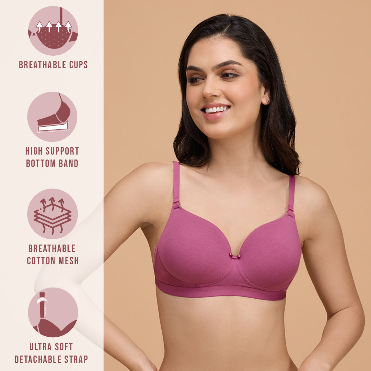 Breathe Cotton Padded wireless Transparent back bra 3/4th coverage NYB007-Rose