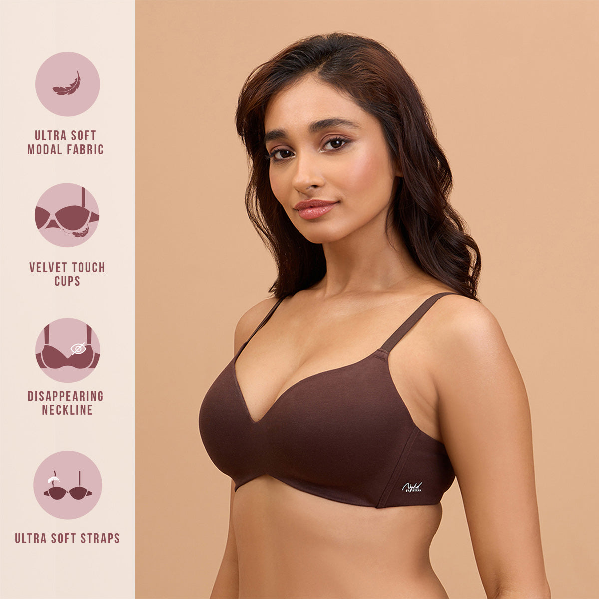 Modal Akin to Skin Padded Wireless T-Shirt Bra 3-4th Coverage NYB013 Brown