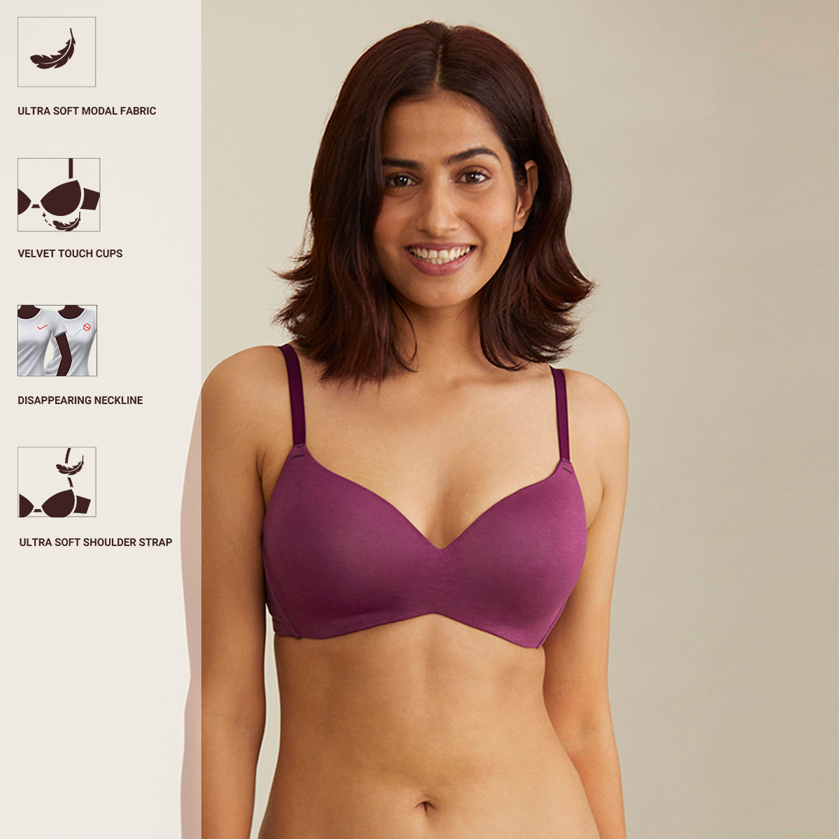 Modal Akin to Skin Padded Wireless T-Shirt Bra 3/4th Coverage-NYB013-Purple