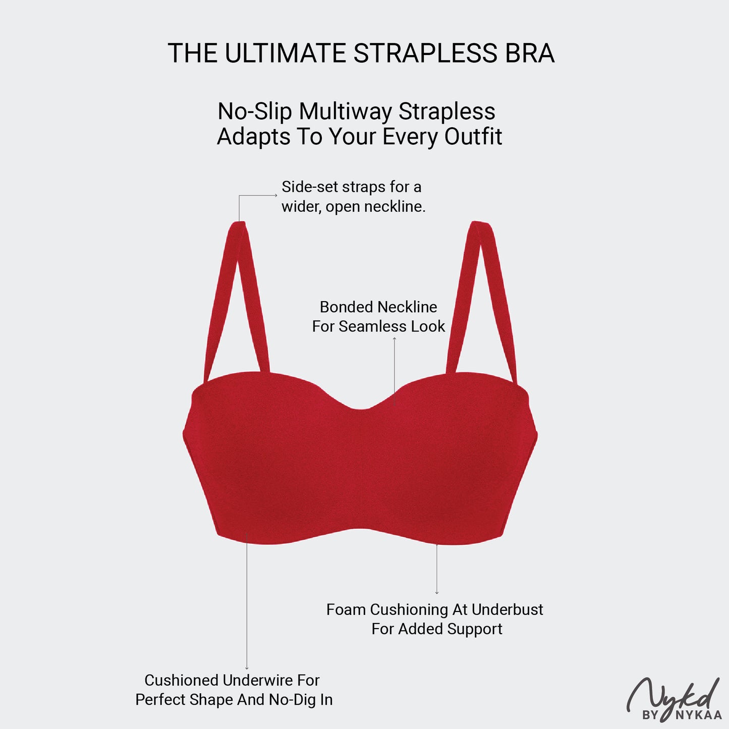 Nykd By Nykaa The Ultimate Multiway Strapless Padded Wired Bra NYB027 Red