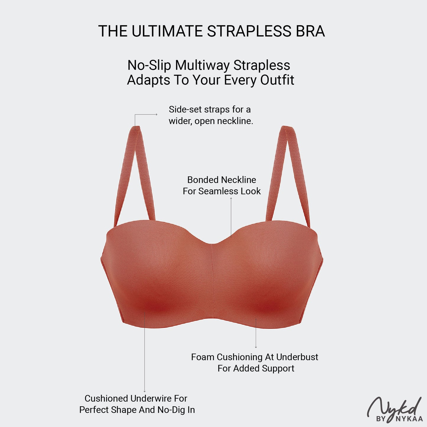 Nykd By Nykaa The Ultimate Multiway Strapless Padded Wired Bra NYB027 Rust