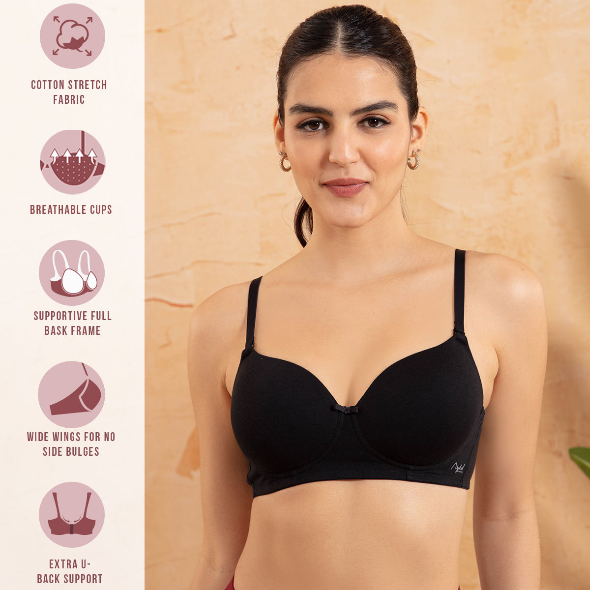 Nykd By Nykaa Breathe Cotton All Day Comfort Padded Non Wired T-Shirt Bra Nyb198 Black