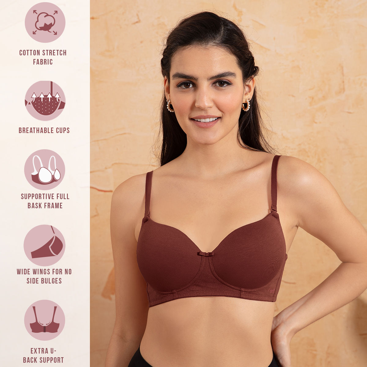 Breathe Cotton Padded wireless T-shirt bra 3/4th coverage-NYB198-Madder Brown