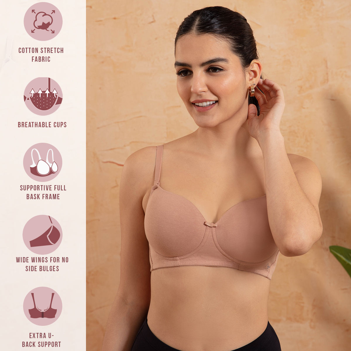 Nykd By Nykaa Breathe Cotton All Day Comfort Padded Non Wired T-Shirt Bra Nyb198 Dark Skin