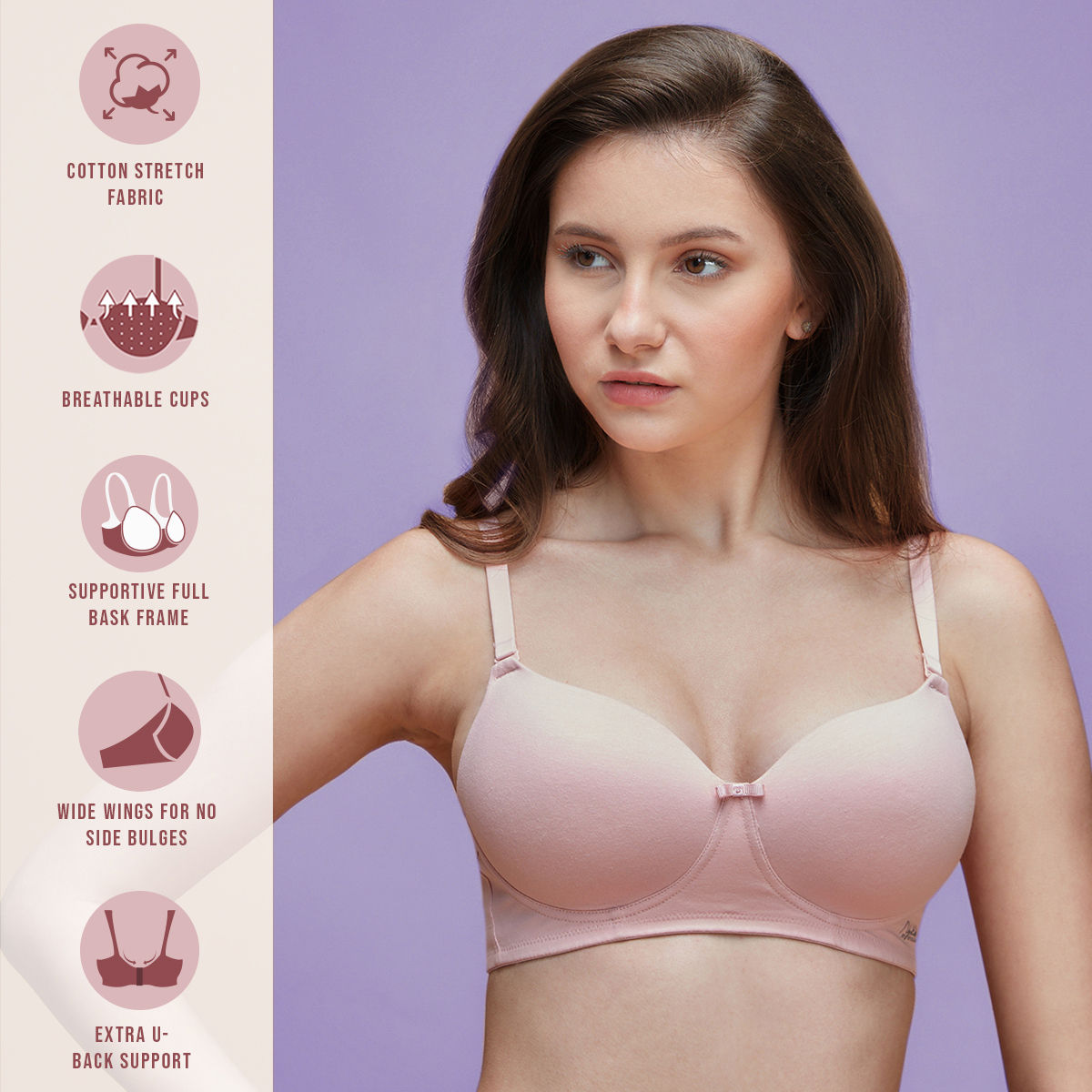 Breathe Cotton Padded Wireless T-Shirt Bra 3/4th Coverage-NYB198-Pink