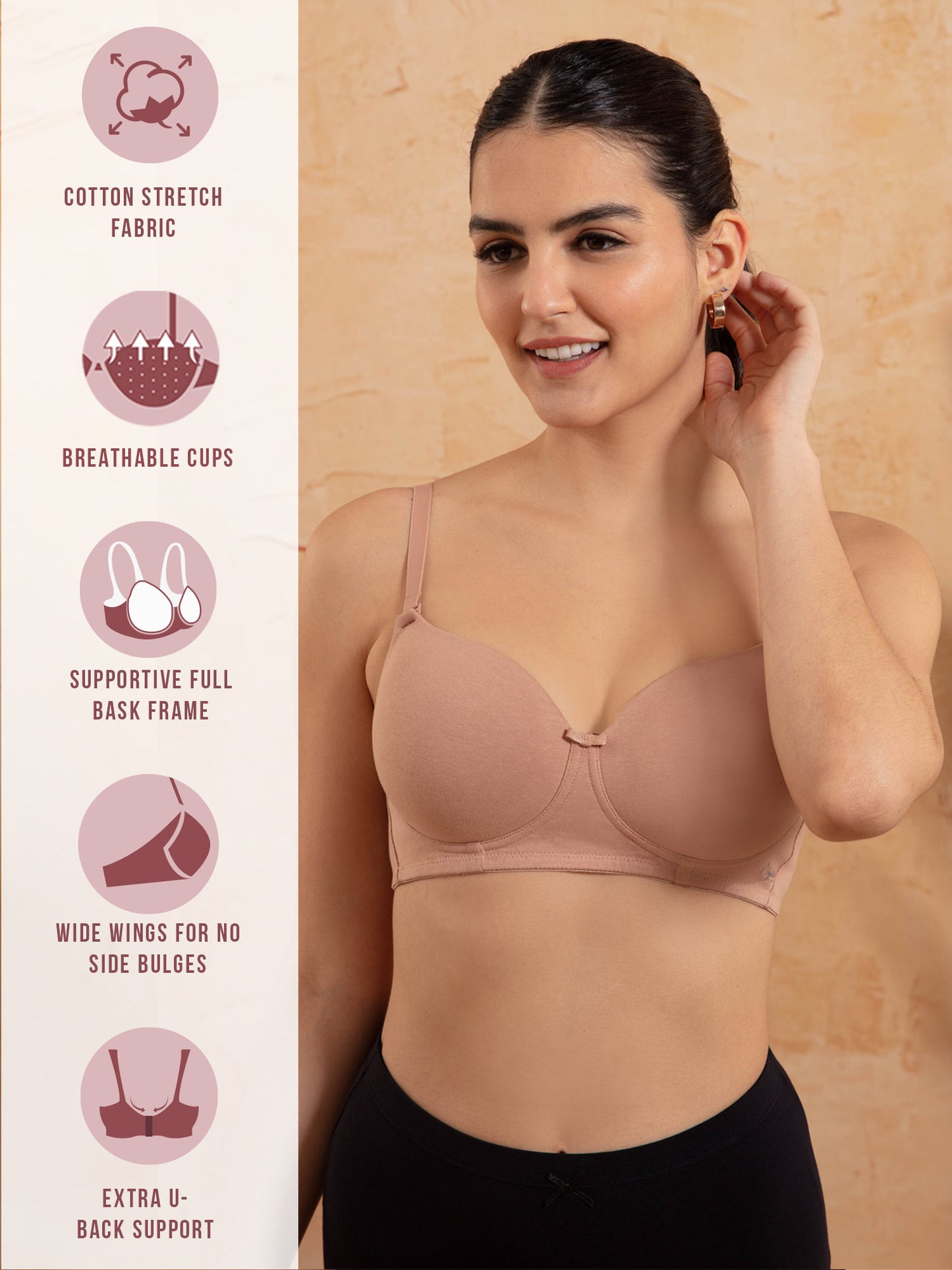 Breathe Cotton Padded wireless T-shirt Bra 3/4th coverage PO2 NYB198-Black & Darkskin