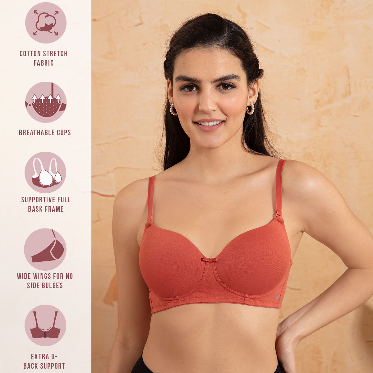 Breathe Cotton Padded wireless T-shirt Bra 3/4th coverage PO2 NYB198-Carrot & Brick